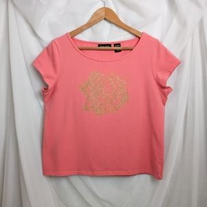 Gold glitter rose print pink top